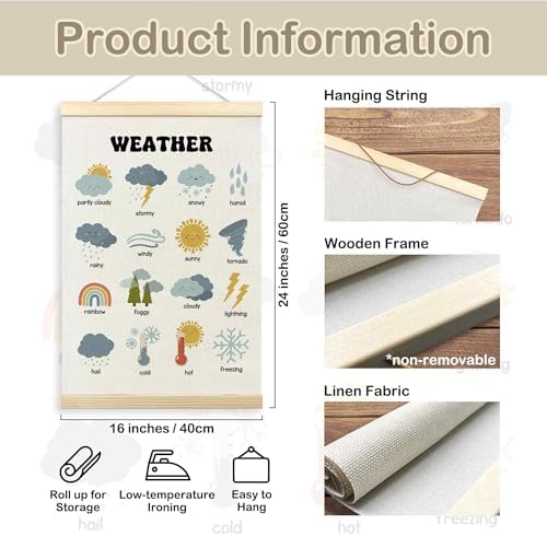 TLESKE Boho Classroom Weather Chart Preschool Poster Hanger Frame, Homeschool Hanging Wall Art Decor for Toddlers Kids Room Nursery Playroom, Prek Learning Educational Poster Print Banner, 16x24