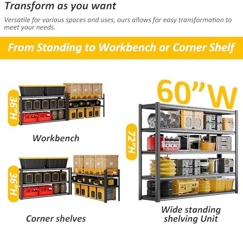 Durstruct 5 Tier Heavy Duty Metal Shelving Unit, 60”W x 24”D x 72”H