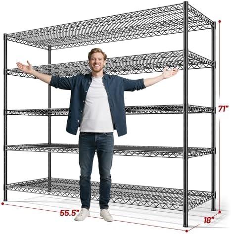 REIBII 3200LBS Storage Shelves 55.5" W Garage Shelving Heavy Duty 5 Tier Adjustable Wire Shelving Unit Metal Shelving for Garage Pantry Commercial Basement,55.5" W X 18''D X 71" H