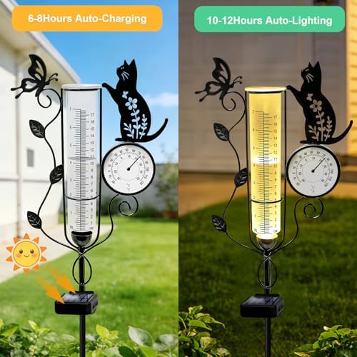 YJFWAL Metal Cat Solar Rain Gauge Outdoor with LED Light and Thermometer