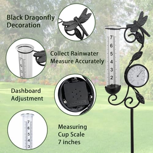 Dragonfly Rain Gauge Garden Decor, 32" Thermometer Patio Decor, 7" Capacity Rain Gauge Replacement Tube Glass, Outdoor Temperature Patio Decor