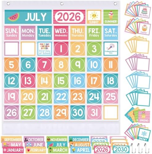 Sinload Classroom Calendar Pocket Chart White, Pastel