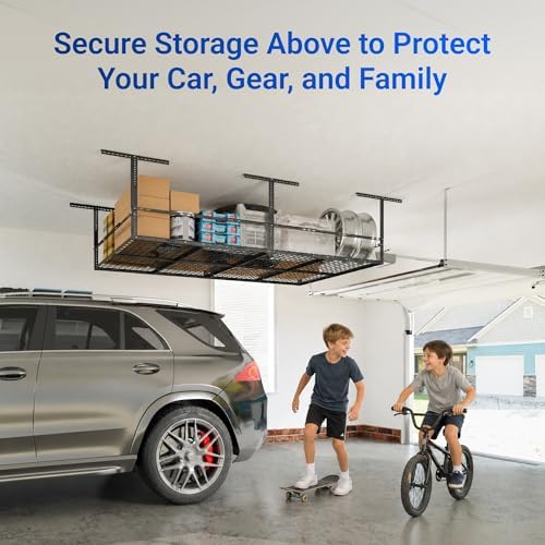 FLEXIMOUNTS 4x8 Overhead Garage Storage Rack with Safety Rails, Hammertone