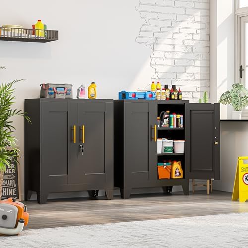Small Metal Storage Cabinet, Lockable Tool Cabinet with Doors and 2 Shelves