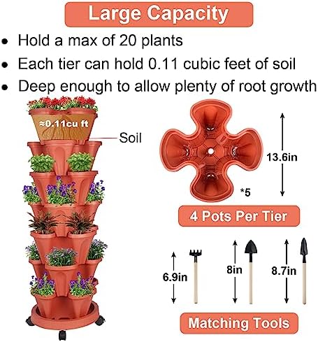GameXcel Vertical Planter Tower - 7 Tier Stackable Garden Planters with Wheels and Tools Plant Pots for Strawberry Herb Flower and Vegetable Indoor Outdoor Use Red