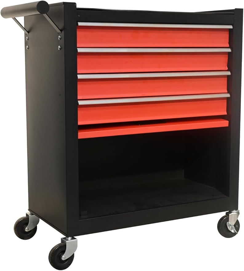 4 Drawers 1 Cabinet Rolling Tool Box on Wheels, Trolley Organizer Tool Cart Tool Chest, Multifunctional Tool Storage Tool Case for Workshop,Garage,Repair Shop(4 Drawers-29.5"H-Black&Red)