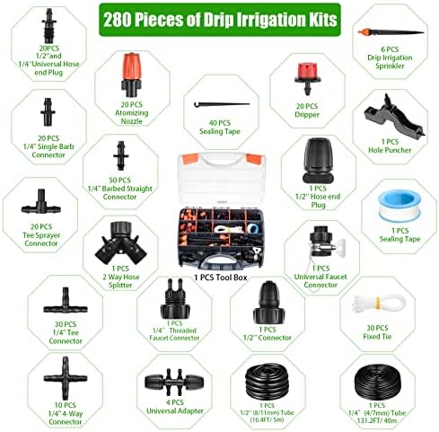 280 Pcs Drip Irrigation Kit, 147FT Garden Watering System 1/2 1/4 in Distribution Tubing Hose Automatic Patio Misting System Micro Automatic Drip Irrigation for Plant Garden Greenhouse Patio Lawn