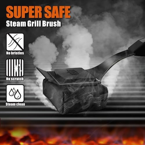 GRILLART Grill Brush Bristle Free. SteamWizards BBQ Replaceable Cleaning Head, Seamless-Fit Scraper Tools for Cast Iron/Stainless-Steel Grates Griddle, Safe Barbecue Grill Cleaner Brush-Dark Black