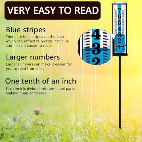Rain Gauge Outdoor,Accurate Rain Gauges Outdoors Best Rated,Upgraded Freeze Proof Rain Measure Gauge for Yard Fence,Rain Meter with Stake,Large Font Water Gauge for Rain,Adjustable Height,Easy to Read