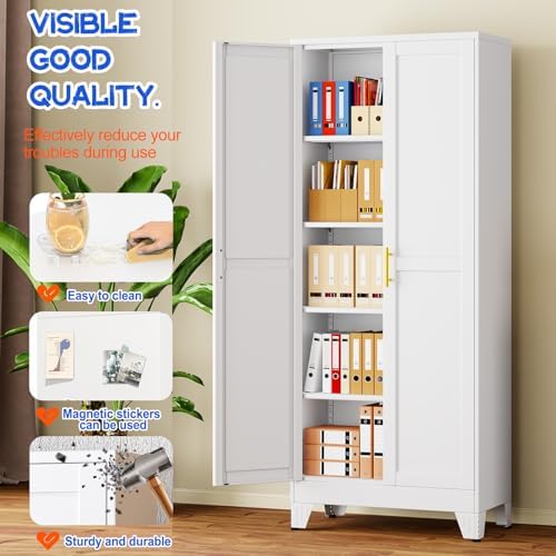GAIOUS 71''Tall Metal Garage Storage Cabinet,File Cabinet with Door and Adjustable Shelves, Outdoor Steel Tool Cabinet for Home,Office,Warehouse,Garage,White