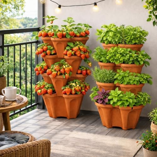 Vertical Garden Planter 4 Tier Stackable System 16 Plants, Space Saving Herb, Strawberry & Food Crop Planter with Center Support Hole for Indoor Outdoor Gardening (4, Terracotta, Small)
