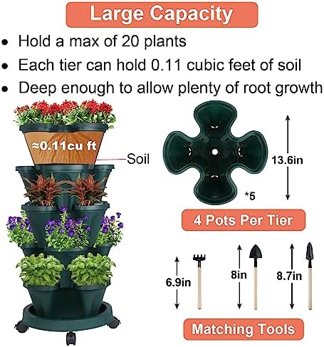 GameXcel Vertical Planter Tower - 5 Tier Stackable Garden Planters with Wheels and Tools Plant Pots for Strawberry Herb Flower and Vegetable Indoor Outdoor Use Green 2 Pack