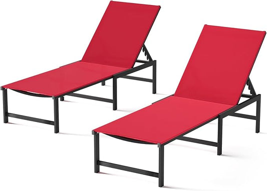 Chaise Lounge Chair Outdoor,Aluminum Patio Lounge Chairs Set of 2,Pool Lounge Chairs with 5 Adjustable Backrest and Headrest Pillows for Outside Beach，Red