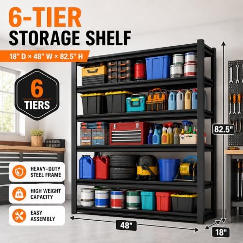 SAWJEC 48" W x 18" D x 82.5" H Tall Heavy Duty 6 Tier Garage Shelving