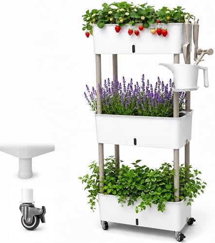 3-Tier 46.7"H Rolling Raised Garden Bed with Wheels, Self Watering Planter Box with Visible Water Level, Gray Rustproof Plastic Herb & Strawberry Planter for Indoor Outdoor Vegetables Flowers, DIY Kit