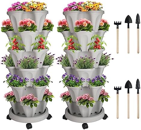 GameXcel Vertical Planter Tower - 6 Tier Stackable Garden Planters with Wheels and Tools Plant Pots for Strawberry Herb Flower and Vegetable Indoor Outdoor Use Gray 2 Pack