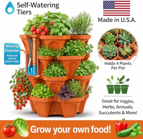 Vertical Garden Planter 4 Tier Stackable System 16 Plants, Space Saving Herb, Strawberry & Food Crop Planter with Center Support Hole for Indoor Outdoor Gardening (4, Terracotta, Small)