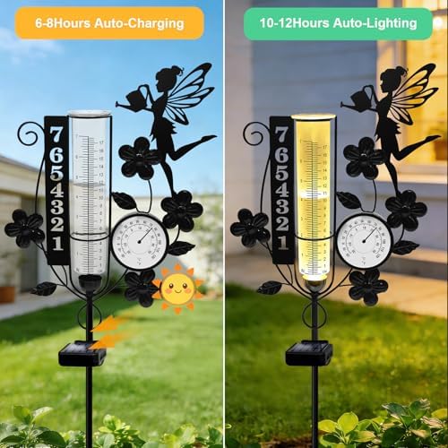 Metal Fairy Number Solar Rain Gauge Outdoor with LED Light and Thermometer
