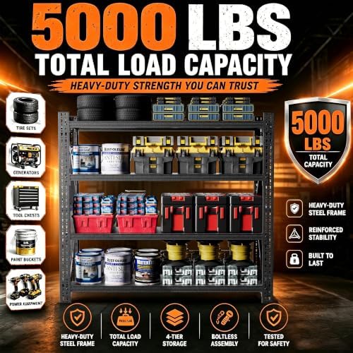 5000LBS Garage Shelving, 71" W Heavy Duty Metal Adjustable 4 Tier Storage for Warehouse, Basement, Shop and Office, Commercial-Grade Industrial Shelving, 71" W x 24" D x 69" H