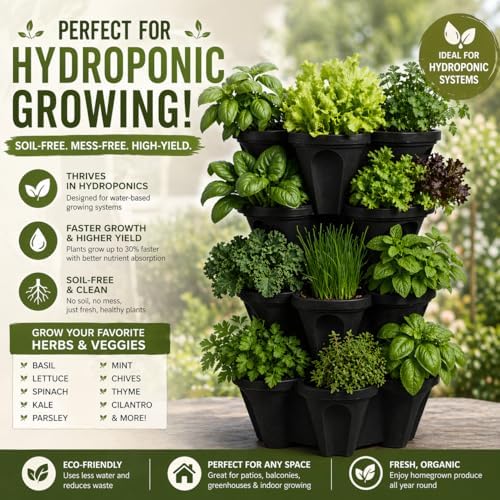 Vertical Garden Planter 4 Tier Stackable System 16 Plants, Space Saving Herb, Strawberry & Food Crop Planter with Center Support Hole for Indoor Outdoor Gardening (4, Midnight Black, Small)