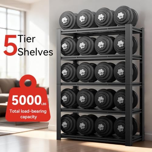 5-Tier Heavy Duty Garage Shelving, 5,000 lbs Capacity Adjustable Plastic Storage Shelving Unit for Garage, Basement & Warehouse, Boltless Steel Frame,35" W x 15.7" D x 72" H