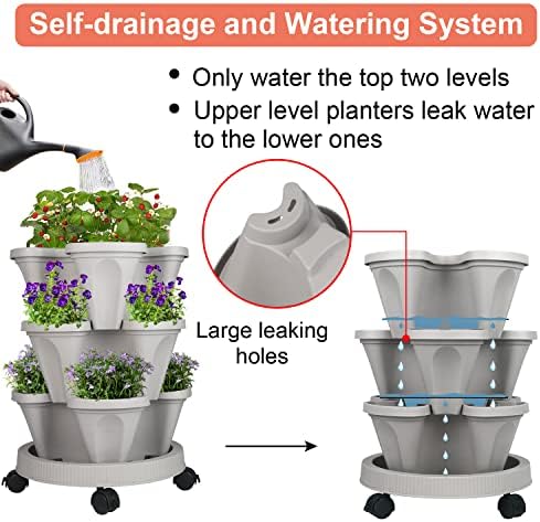 GameXcel Vertical Planter Tower - 3 Tier Stackable Garden Planters with Wheels and Tools Plant Pots for Strawberry Herb Flower and Vegetable Indoor Outdoor Use Gray 2 Pack