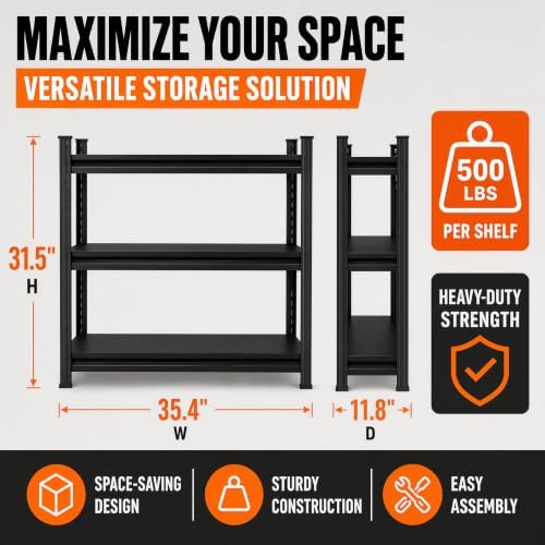Metal Garage Shelving Unit, Heavy Duty Adjustable Storage Shelves, Steel Shelving, 1500 lbs Capacity Shelves for Heavy Tools and Equipment, 3 Tier, 35.4" W × 11.8" D × 31.5" H
