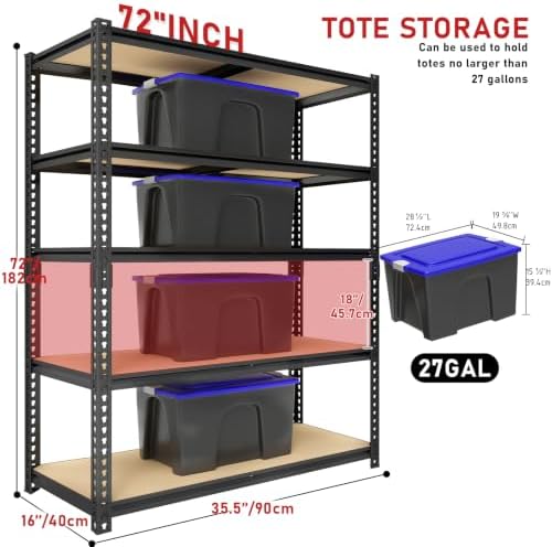 72" H Heavy Duty Garage Shelving, 2400LBS Capacity 5-Tier Storage Shelves,Adjustable Industrial Metal Garage Shelves for Basement Pantry Kitchen Warehouse, 16" D x 36" Wx72 H,Black