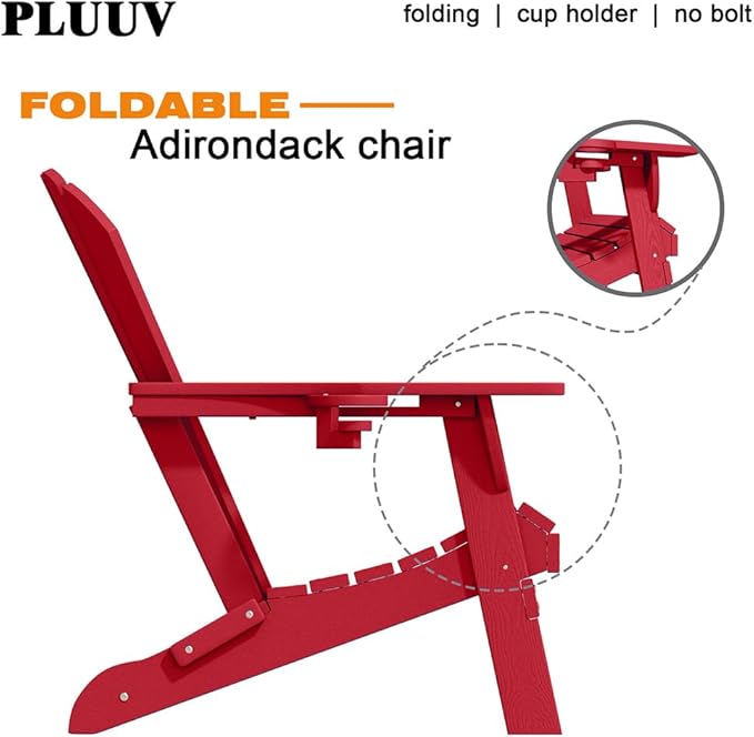 Folding Adirondack Chairs with Cup Holders, Set of 4 HDPE Plastic Outdoor Chairs, Weather Resistant, Real Wood Look, Heavy-Duty Patio Furniture for Deck, Fire Pit, Backyard, Red