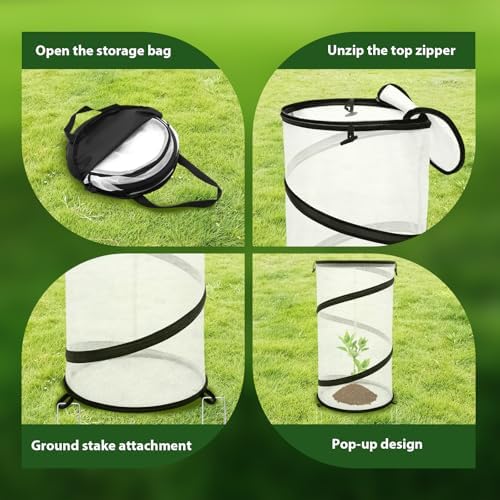 Hoypeyfiy 4 Pcs Pop Up Insect & Bird Barrier Plant Cover Net, 24"x12" Round Foldable Mesh Protector, Garden Cage Guard with Stakes & Carry Bag, Keep Animals & Birds Out for Vegetables and Flowers