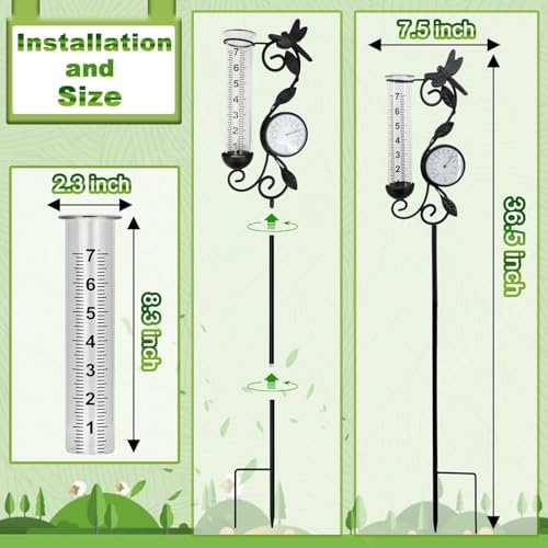 Rain Gauge Outdoor with Thermometer, Dragonfly Metal Garden Stake