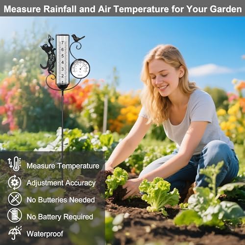 shumi Rain Gauge Outdoor with Thermometer, Decorative Cat Rain Gauge