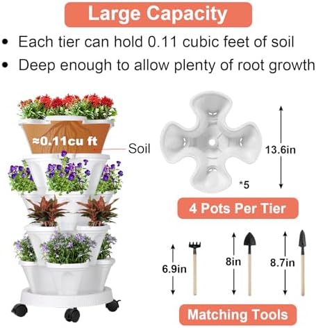 GameXcel Vertical Planter Tower - 5 Tier Stackable Garden Planters with Wheels and Tools Plant Pots for Strawberry Herb Flower and Vegetable Indoor Outdoor Use White