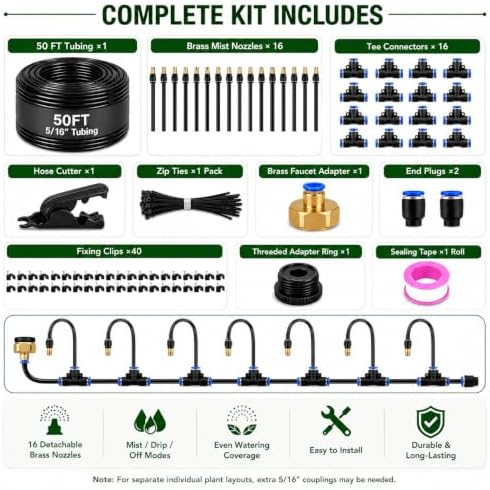 50FT 5/16" Garden Watering Kit with 16 Brass Nozzles