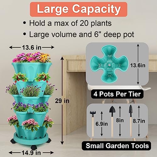 DUNCHATY Stackable Planter, Vertical Garden Planter with Wheels and Garden Tools, Strawberry Planter Indoor/Outdoor 5 Tier Herb Planter Pots for Growing Vegetables and Succulents,Teal