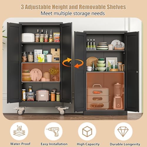61" H Metal Pantry Storage Locker Cabinet with Wheels,Rolling Kitchen Pantry Cabinet with 2 Doors and 3 Adjustable Shelves, Lockable Steel Garage Tool Cabinet Organization for Home,Gym,School,Black