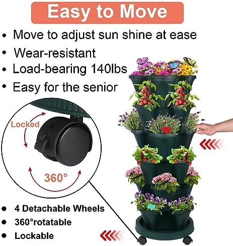 GameXcel Vertical Planter Tower - 6 Tier Stackable Garden Planters with Wheels and Garden Tool Set Plant Pots for Strawberry Herb Flower and Vegetable Indoor Outdoor Use Green