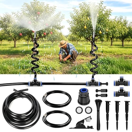 High-Flow Tree Irrigation System, 15FT 12mm Hose & 2Pcs 6.5FT Adjustable Nozzles, for Tree Roots & Canopies Irrigation, Leaf & Fruit Cleaning, Ideal for Fruit Trees & Ornamental Trees