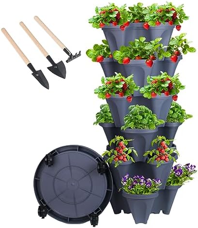 GameXcel Vertical Planter Tower - 6 Tier Stackable Garden Planters with Wheels and Tools Plant Pots for Strawberry Herb Flower and Vegetable Indoor Outdoor Use Dark Gray
