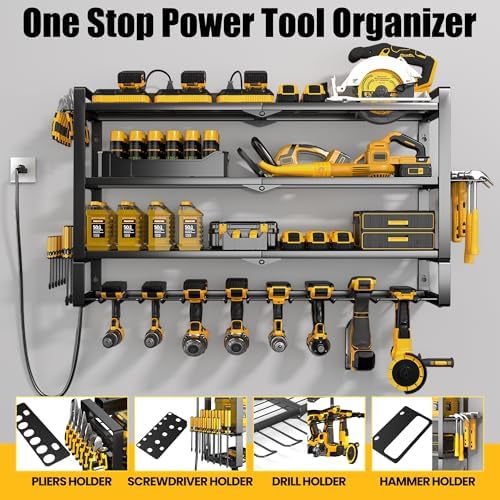 MOOMSINE Large Power Tool Organizer Wall Mount with Charging Station for Garage, 400lbs Metal Storage Rack with 8 Cordless Drill Holder, 4 Tier Heavy Duty Battery Tool Shelf with 5 Outlet Power Strip