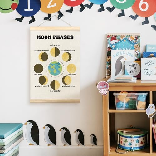 TLESKE Classroom Moon Phases Chart Poster Hanger Frame for Kids, Homeschool Hanging Wall Art Room Decor for Toddlers Nursery Playroom, Preschool Prek Learning Educational Poster Prints, 16x24