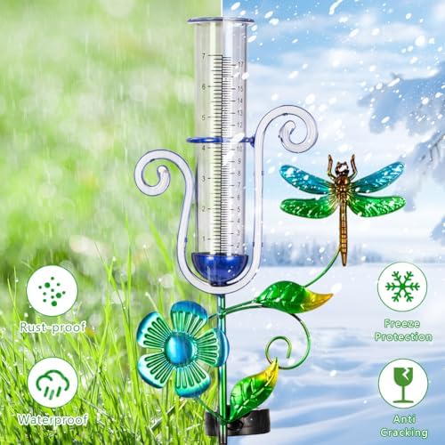 Solar Rain Gauge Outdoor with Dragonfly Decor