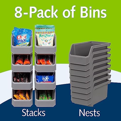 ReadySpace Medium Stackable Plastic Storage Bins, 8-Pack, Gray