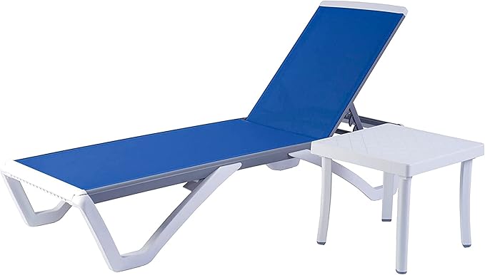Kozyard Patio Chaise Lounge Chair - Full Flat Alumium & Resin Legs, Outdoor Reclining Adjustable Chair for Sunbathing, Beach, Patio, Lounge Set and Table (Blue Textilence W/Table)