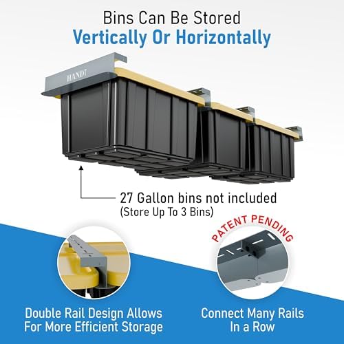 USA Based Overhead Garage Storage Rack, Connectable Heavy Duty Metal Ceiling Rails Garage Storage Organization Shelving System, Hanging Racks Tote Containers, Supports Up To 3 Bins, 2 Sets Gray