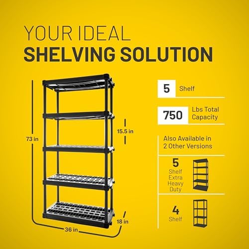 Plano 5-Shelf Plastic Storage Shelves, 73” x 36” x 18”, 750lb Capacity, Pantry, Office, Closet and Garage Shelves, Easy to Assemble, Durable Plastic Shelving Unit