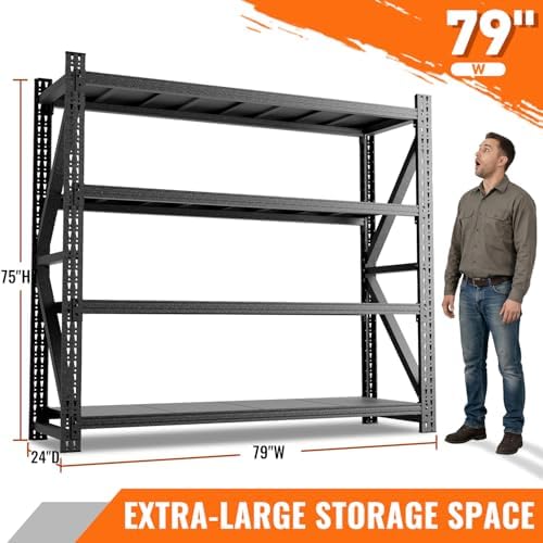7000LBS Garage Shelving, 79" W Heavy Duty Metal Adjustable 4 Tier Storage for Warehouse, Basement, Shop and Office, Commercial-Grade Industrial Shelving, 79" W x 24" D x 75" H