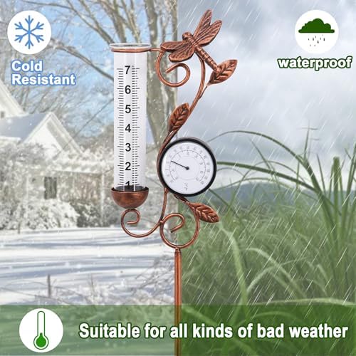 Dragonfly Rain Gauge Garden Decor, 32" Thermometer Patio Decor, 7" Capacity Rain Gauge Replacement Tube Glass, Outdoor Temperature Patio Decor