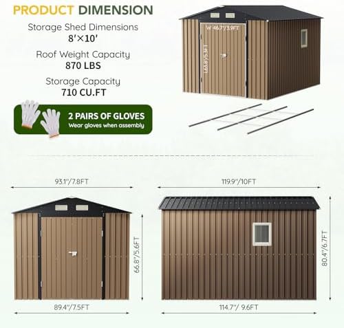 Breezz Outdoor Steel Storage Shed with Floor Frame, 10 x 8 ft, Brown