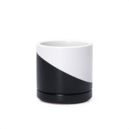 D'vine Dev 3.5 Inch Ceramic Planter Pot with Drainage Hole and Saucer, Indoor Cylinder Round Planter Pot, Oblique Monochrome Black and White, 94-O-A-K